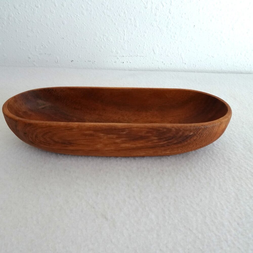 Hand Carved Wooden Oblong Oval Decorative Bowl 9" x 3" Trinket Key Cracker Dish